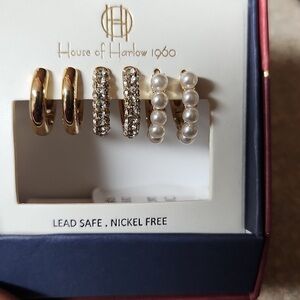 NEW House of Harlow 1960 lot of 3 gold rhinestone pearl hoops earrings